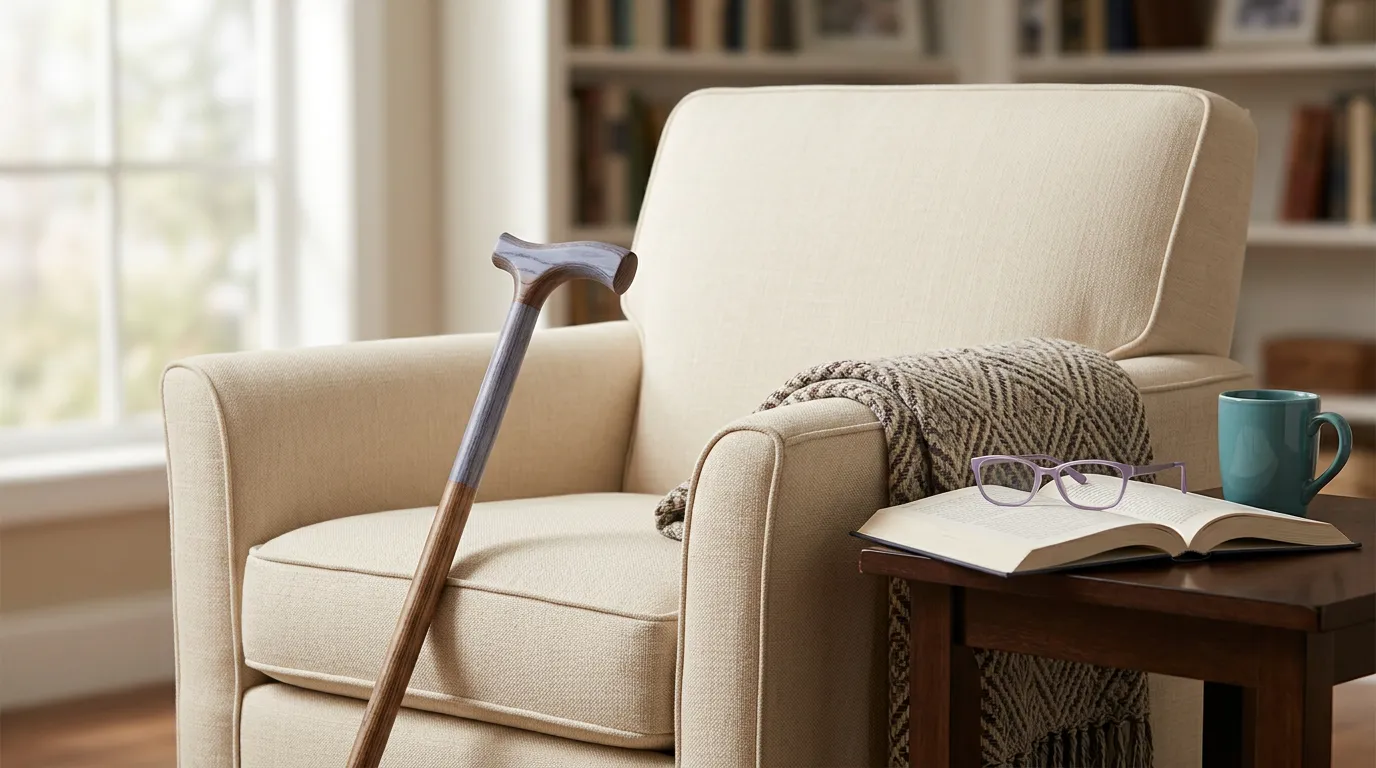 A quiet sunlit reading nook with a cane resting against a cream armchair, an open book and reading glasses on the side table — a calm domestic moment that hints at the everyday adjustments people living with gMG often make.
